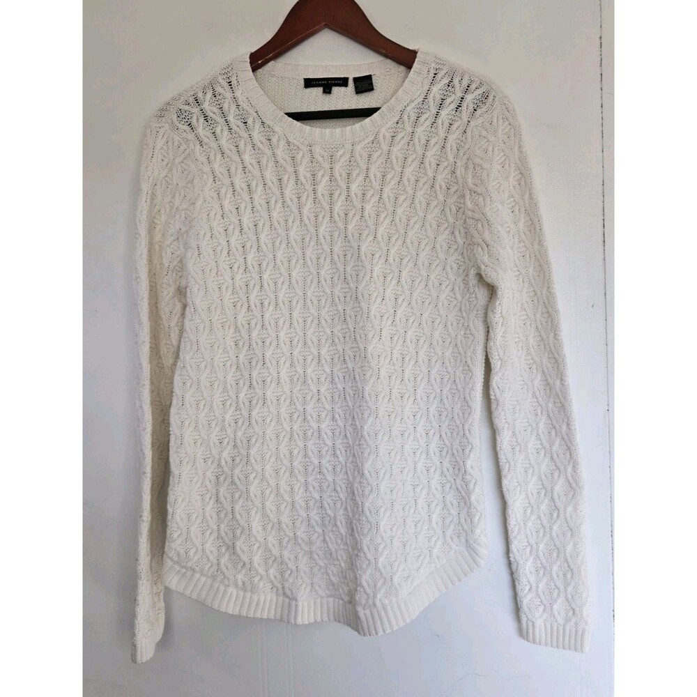 Jeanne Pierre Sweater Womens M White Crewneck Cableknit Winter Fisherman Basic